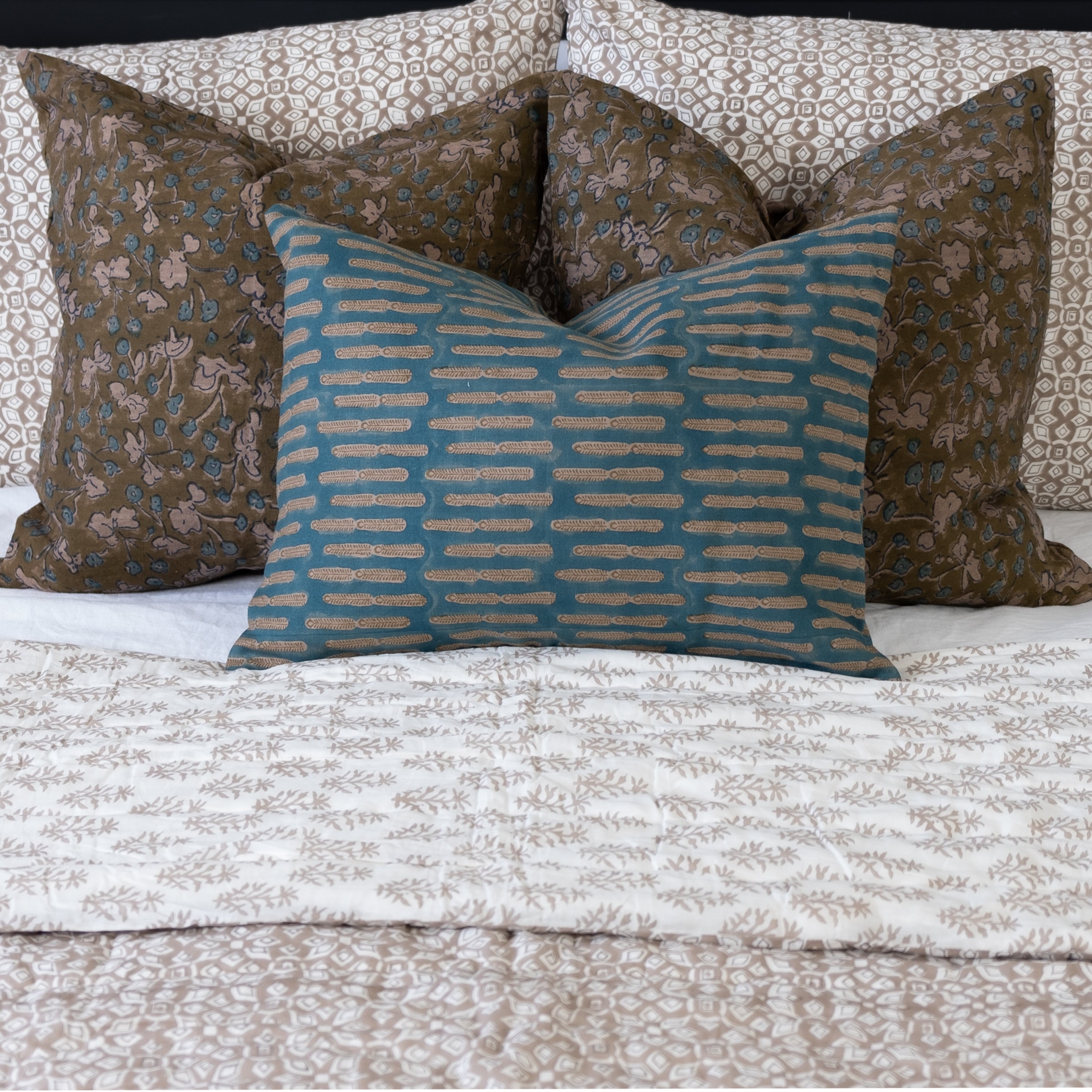 Savannah Blue Tan Linen Pillow